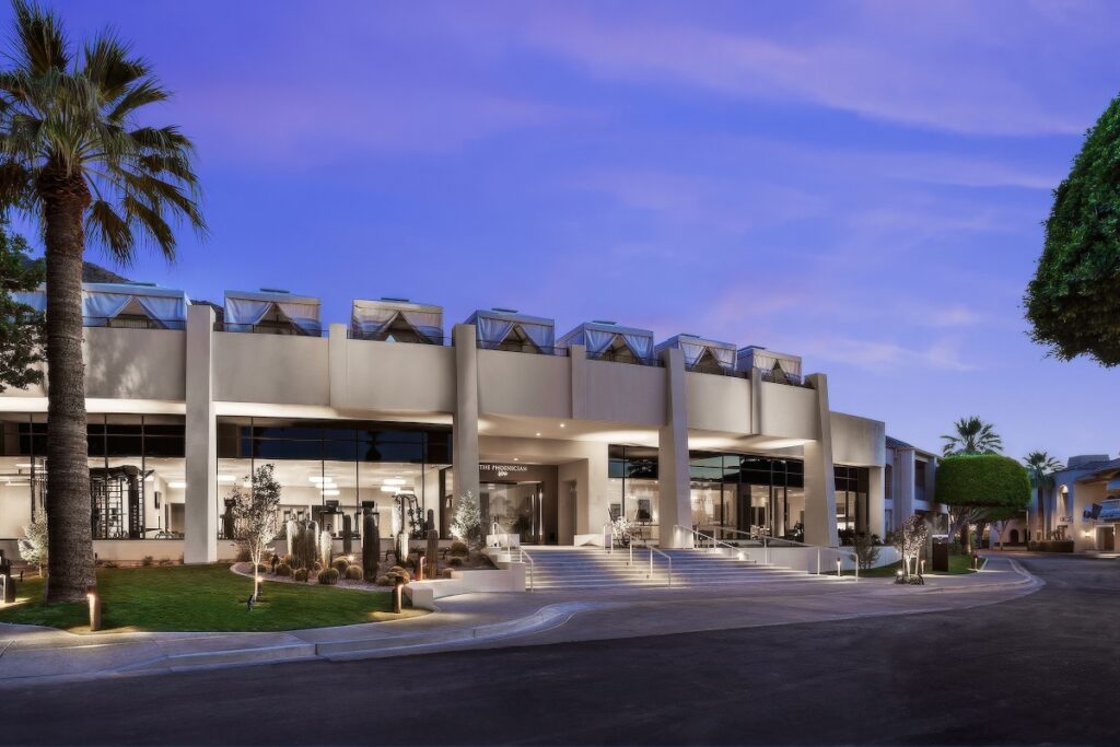 The Phoenician spa and wellness centre exterior at dusk, Scottsdale Arizona