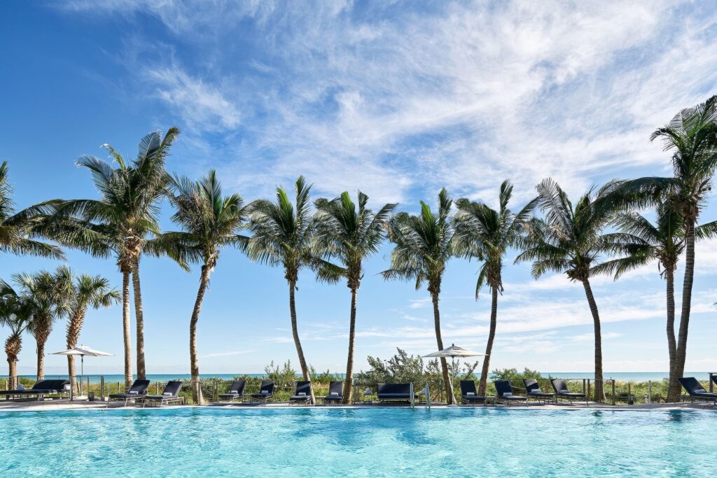Oceanfront pool lined with tall palm trees and black loungers at Carillon Miami Wellness Resort, Miami Beach