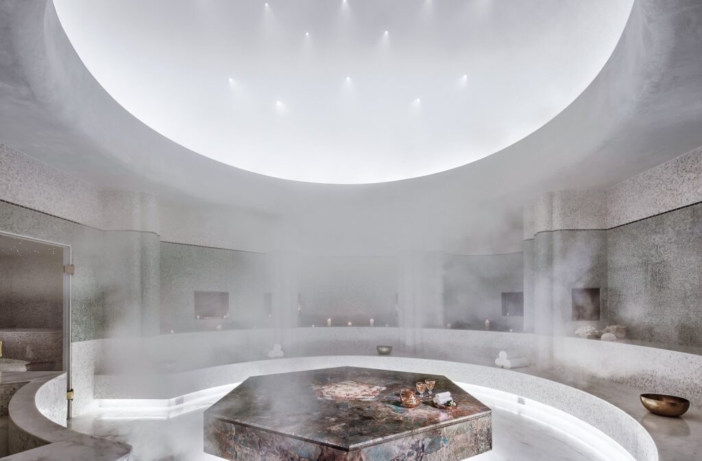Circular steam hammam with domed skylight and hexagonal stone centrepiece at Faena Hotel Miami Beach