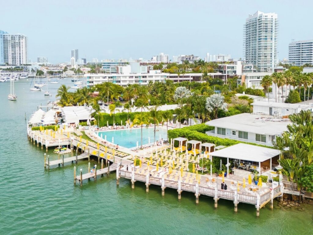 Aerial view of The Standard Spa Miami Beach showing pool, waterfront dock and bay setting