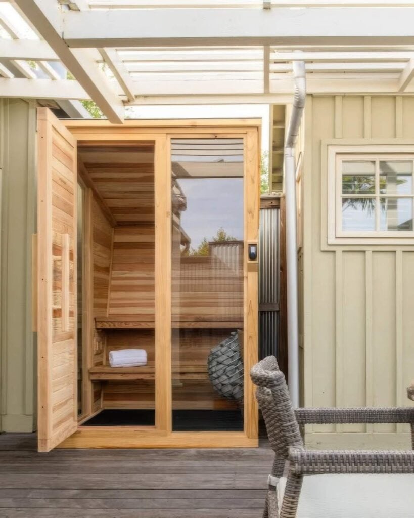 Outdoor cedar sauna on the spa terrace at Carneros Resort and Spa, Napa, California