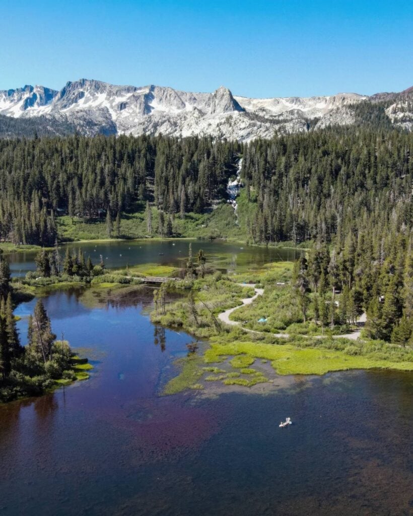 Twin Lakes and Twin Falls below the snow-dusted granite peaks of the Mammoth Crest at Mammoth Lakes, California