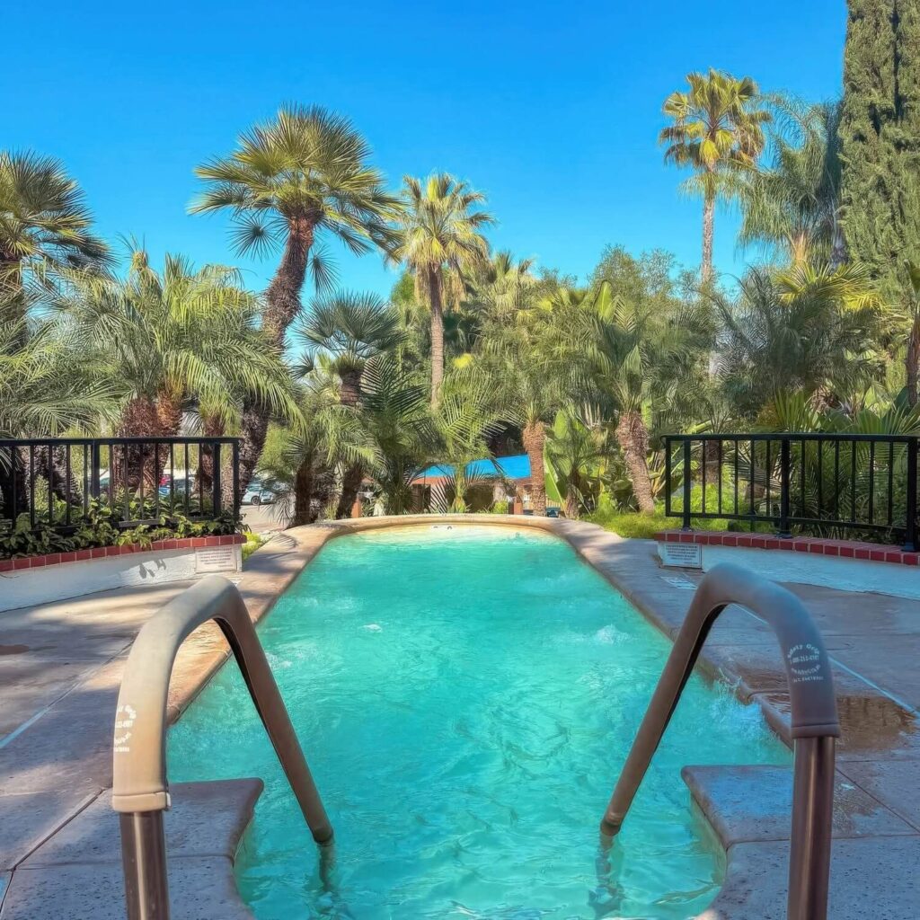 Narrow turquoise mineral soaking pool framed by fan palms at Glen Ivy Hot Springs, Corona, California
