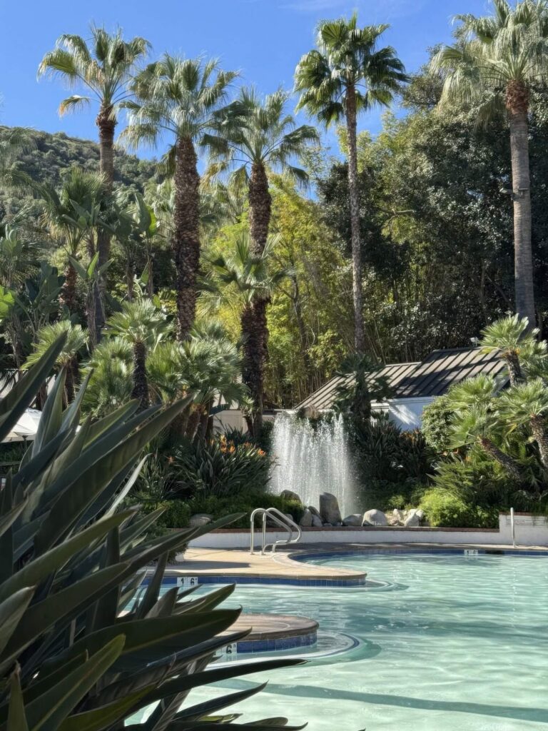 Waterfall fountain spilling into the palm-shaded mineral pool at Glen Ivy Hot Springs, Corona, California