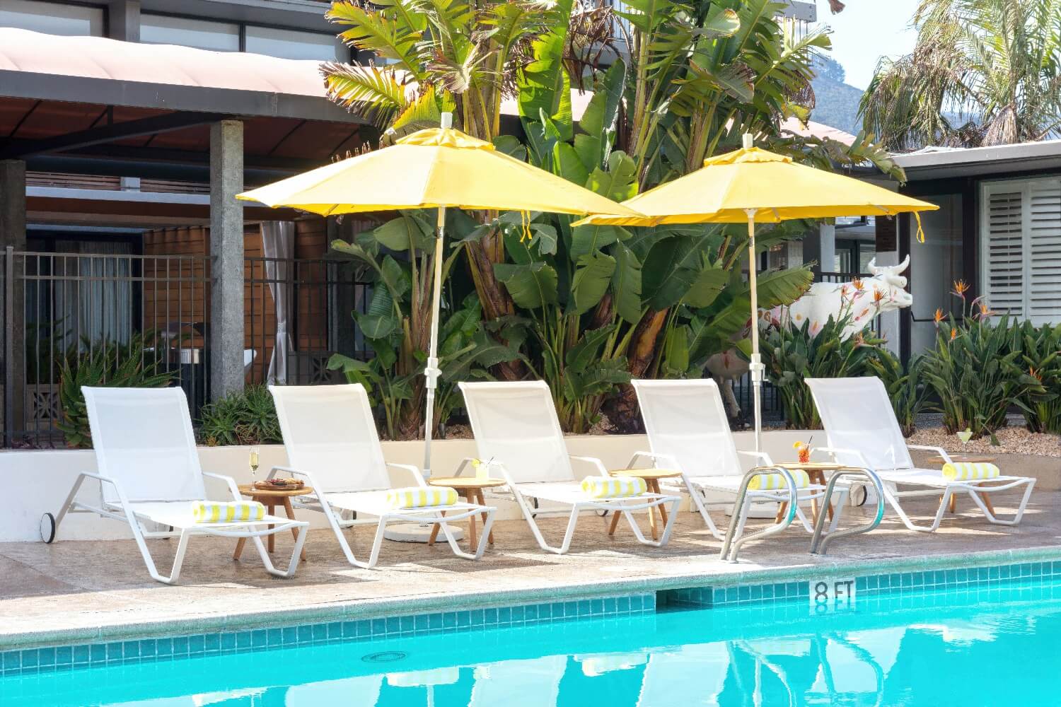 Row of white poolside loungers under yellow umbrellas beside the outdoor pool at Carmel Mission Inn, Carmel, California.