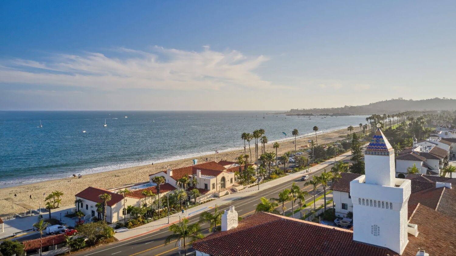 Aerial view from Mar Monte Hotel's tiled tower over Cabrillo Boulevard and East Beach, Santa Barbara.