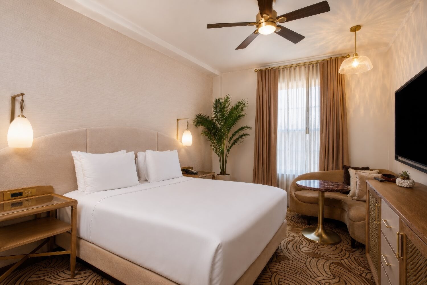 Renovated king room with arched upholstered headboard, brass lighting, curved settee and patterned carpet at the Montecito Inn, Montecito